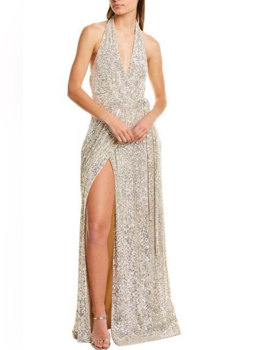 NWT Halston Silver Halter Sequin Evening Gown